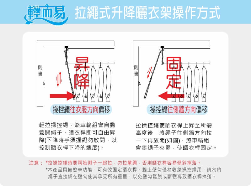 拉繩式升降曬衣架操作方式